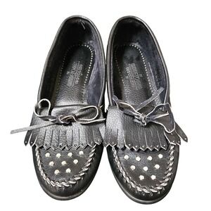 Minnetonka Moccasins‎ Black Leather Studded Fringe Loafers Women Size 9 USA Made